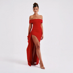 Womens Off-Shoulder Maxi Dress with High Slit and Short Sleeves Description