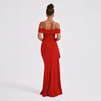 Womens Off-Shoulder Maxi Dress with High Slit and Short Sleeves Description