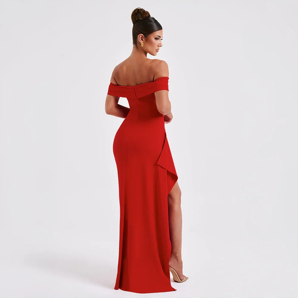 Womens Off-Shoulder Maxi Dress with High Slit and Short Sleeves Description