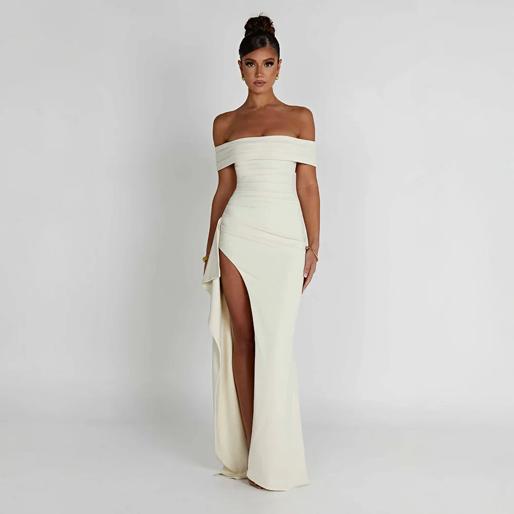 Womens Off-Shoulder Maxi Dress with High Slit and Short Sleeves Description