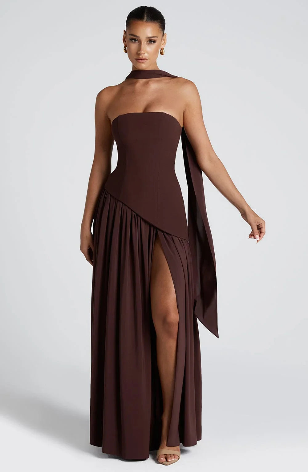 Womens Strapless Corset Maxi Dress with High Slit and Scarf Drape