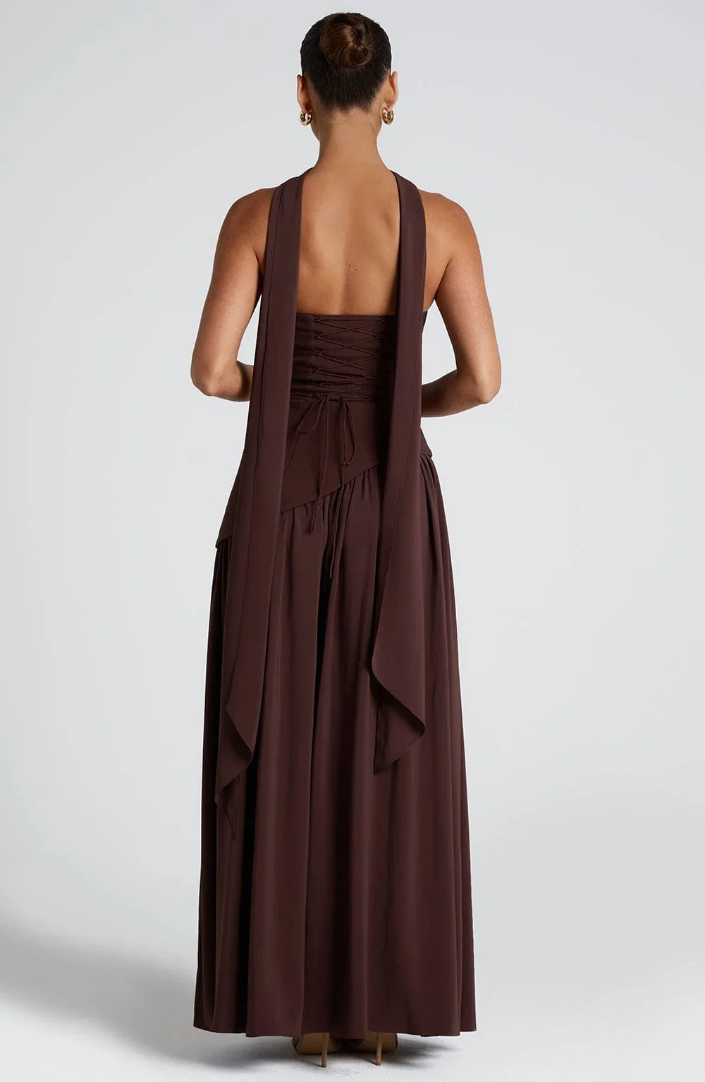Womens Strapless Corset Maxi Dress with High Slit and Scarf Drape