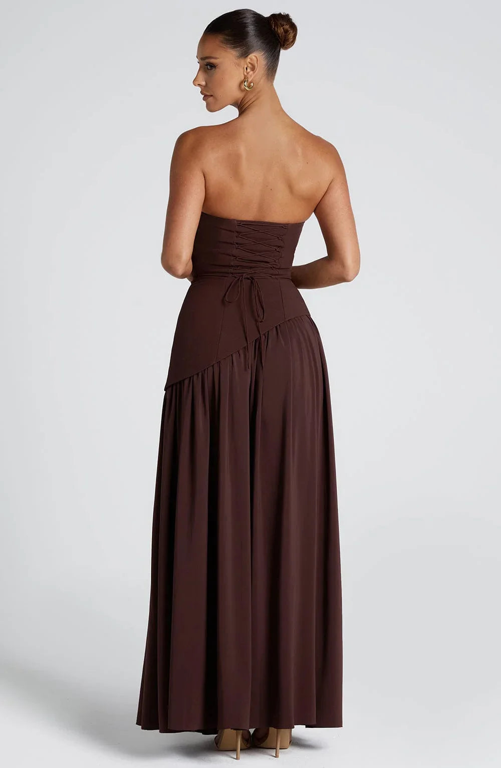 Womens Strapless Corset Maxi Dress with High Slit and Scarf Drape