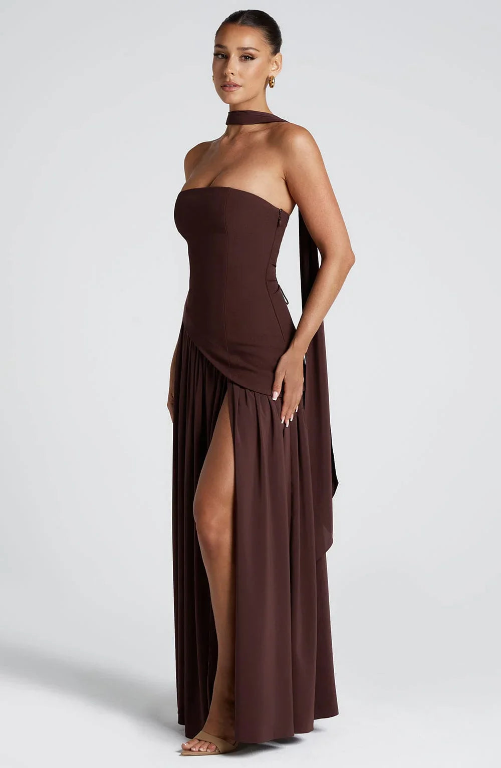 Womens Strapless Corset Maxi Dress with High Slit and Scarf Drape