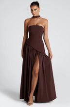 Womens Strapless Corset Maxi Dress with High Slit and Scarf Drape
