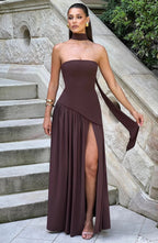 Womens Strapless Corset Maxi Dress with High Slit and Scarf Drape