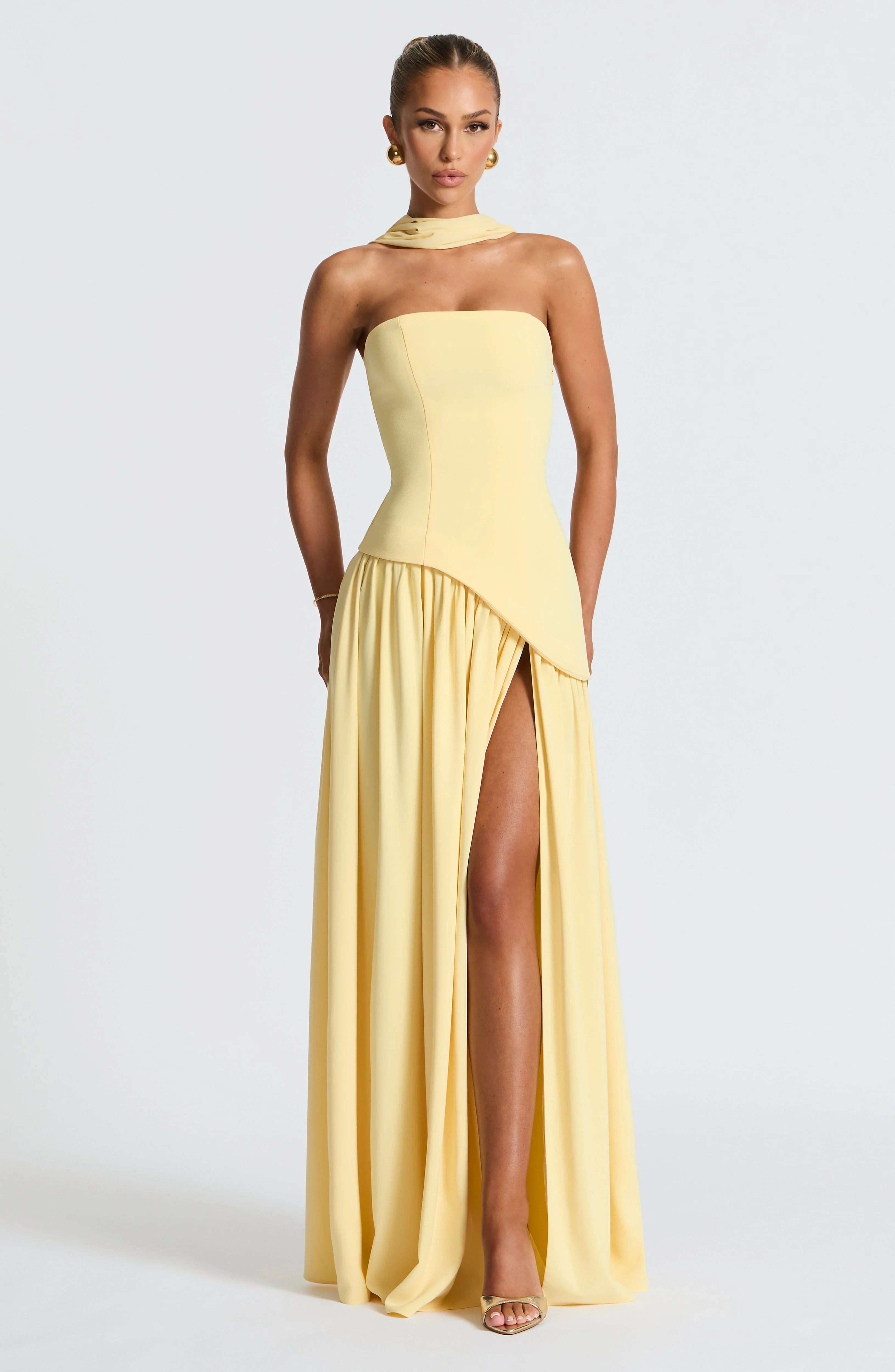 Womens Strapless Corset Maxi Dress with High Slit and Scarf Drape