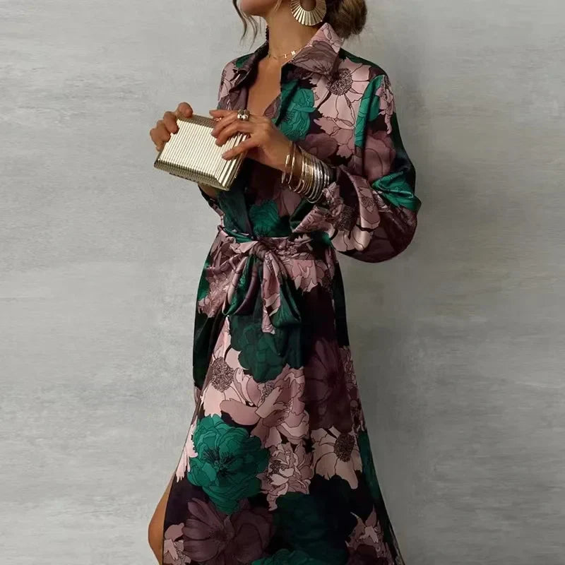 Womens Floral Maxi Shirt Dress with Waist Tie and Front Split