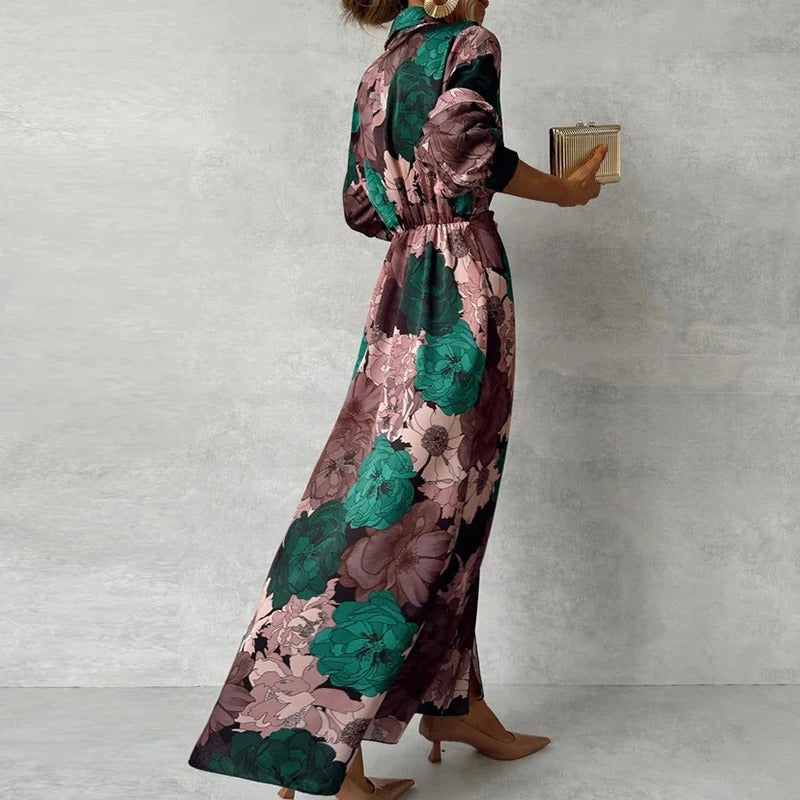Womens Floral Maxi Shirt Dress with Waist Tie and Front Split