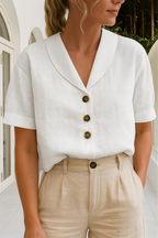 Womens Linen Blouse with Shawl Collar and Short Sleeves Button