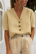 Womens Linen Blouse with Shawl Collar and Short Sleeves Button