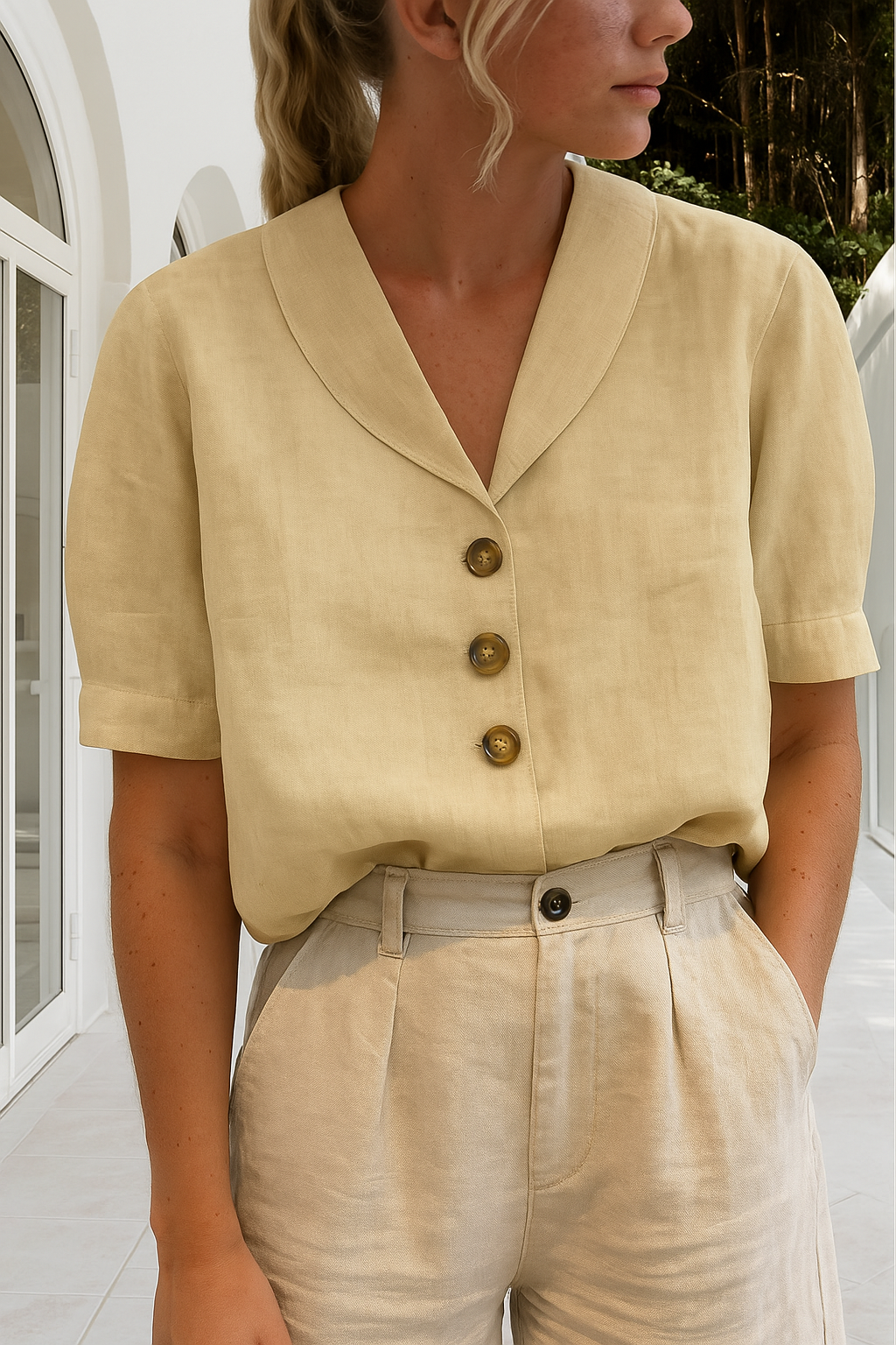 Womens Linen Blouse with Shawl Collar and Short Sleeves Button