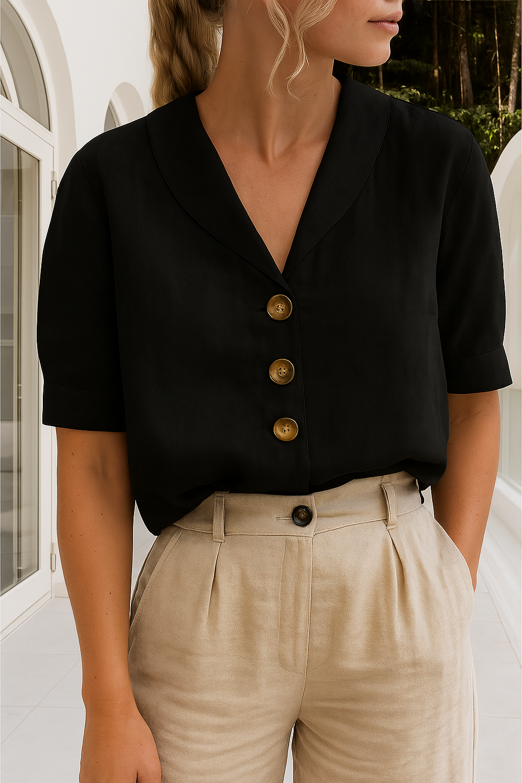 Womens Linen Blouse with Shawl Collar and Short Sleeves Button