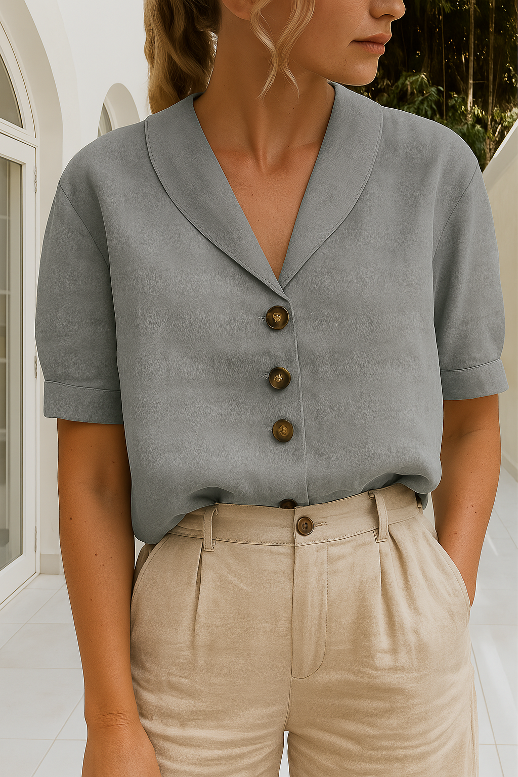 Womens Linen Blouse with Shawl Collar and Short Sleeves Button