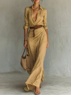 Womens Ruched Maxi Shirt Dress with Belt and Long Sleeves