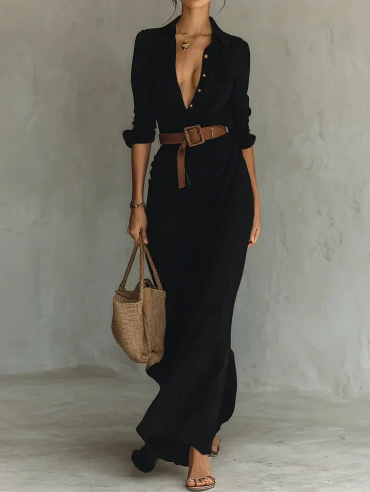 Womens Ruched Maxi Shirt Dress with Belt and Long Sleeves