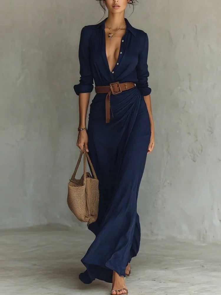 Womens Ruched Maxi Shirt Dress with Belt and Long Sleeves
