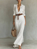 Womens Ruched Maxi Shirt Dress with Belt and Long Sleeves
