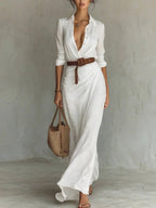 Womens Ruched Maxi Shirt Dress with Belt and Long Sleeves