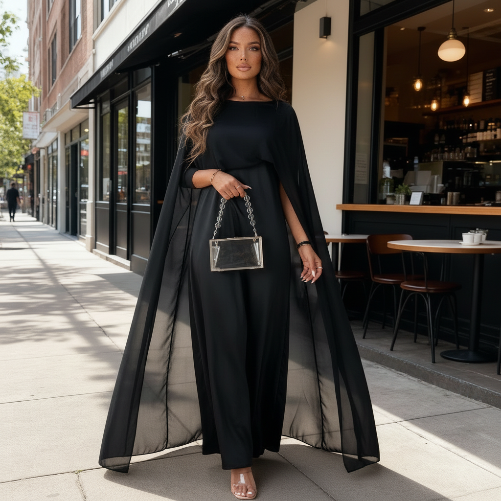 Womens Satin Cape Maxi Dress with Boat Neck Overlay