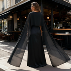 Womens Satin Cape Maxi Dress with Boat Neck Overlay