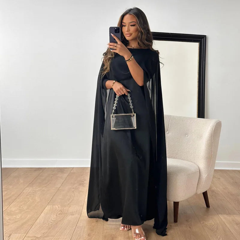 Womens Satin Cape Maxi Dress with Boat Neck Overlay