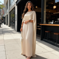 Womens Satin Cape Maxi Dress with Boat Neck Overlay