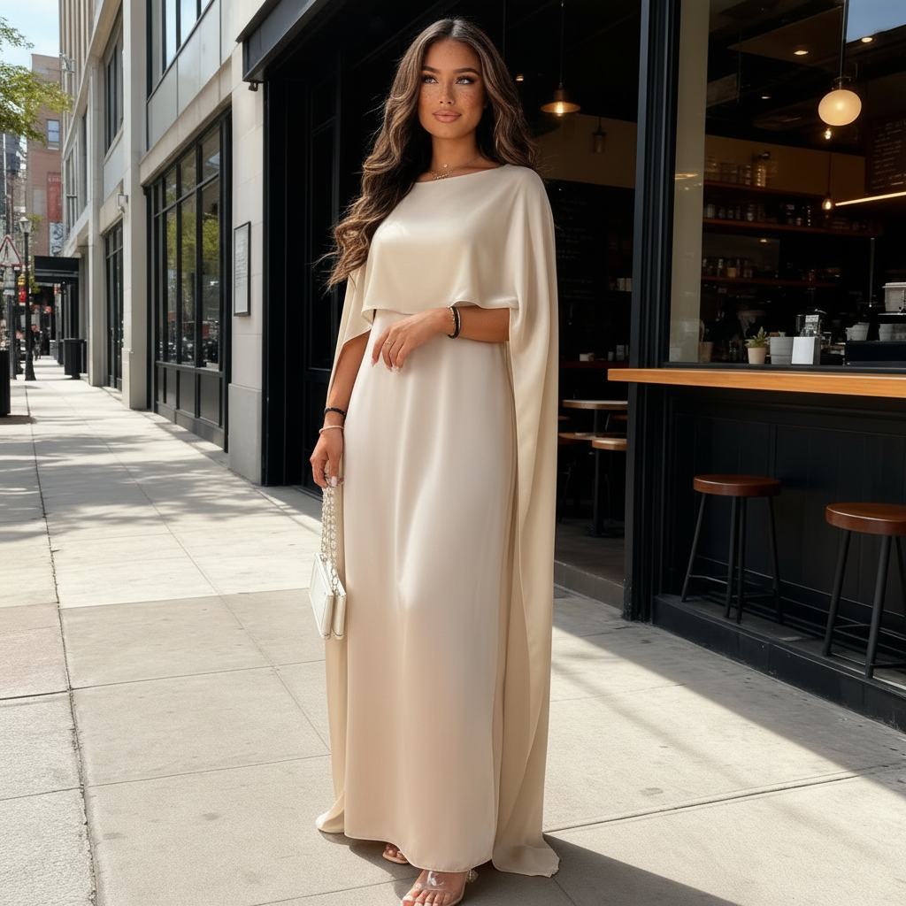 Womens Satin Cape Maxi Dress with Boat Neck Overlay