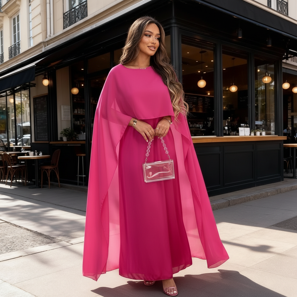 Womens Satin Cape Maxi Dress with Boat Neck Overlay