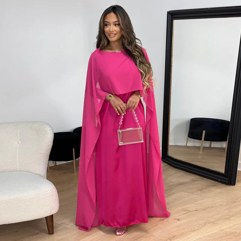 Womens Satin Cape Maxi Dress with Boat Neck Overlay
