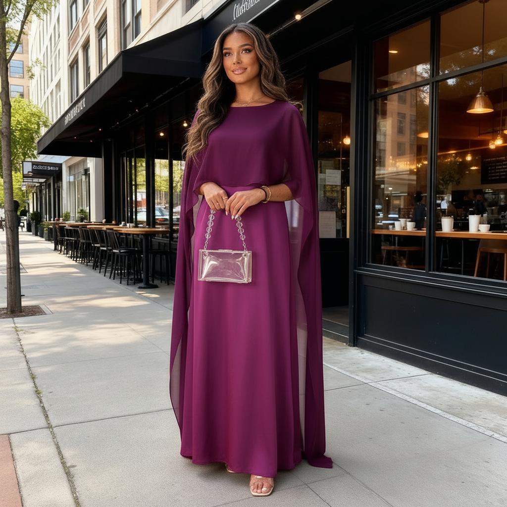 Womens Satin Cape Maxi Dress with Boat Neck Overlay