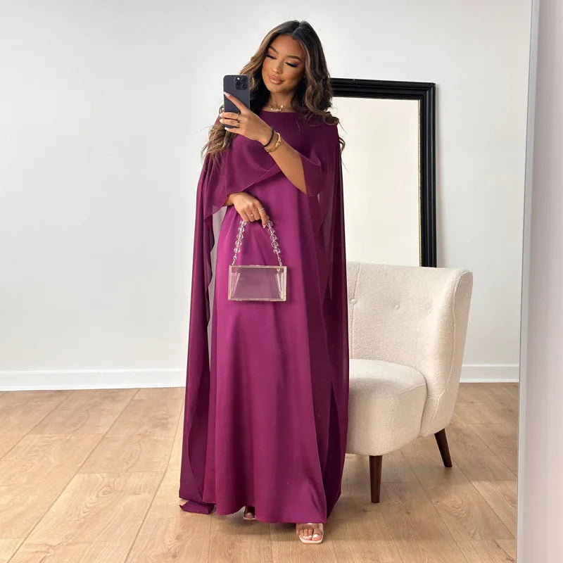 Womens Satin Cape Maxi Dress with Boat Neck Overlay