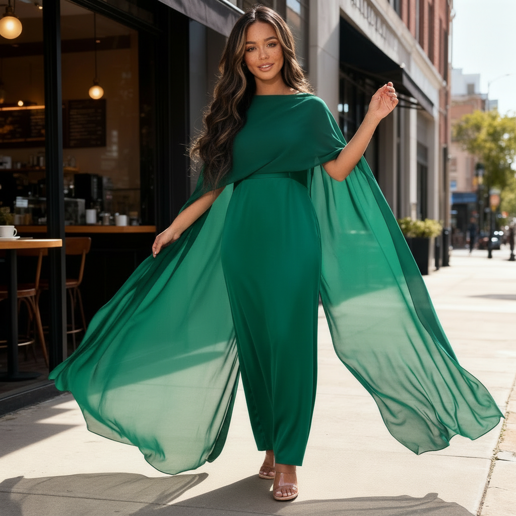 Womens Satin Cape Maxi Dress with Boat Neck Overlay