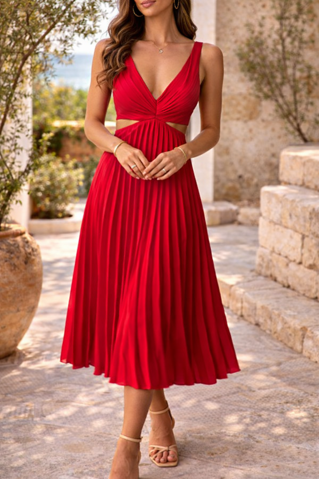 Womens Pleated V-Neck Midi Dress with Waist Cut-Out
