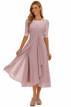Womens Floral Lace Bodice Midi Dress with Layered Pleated Skirt