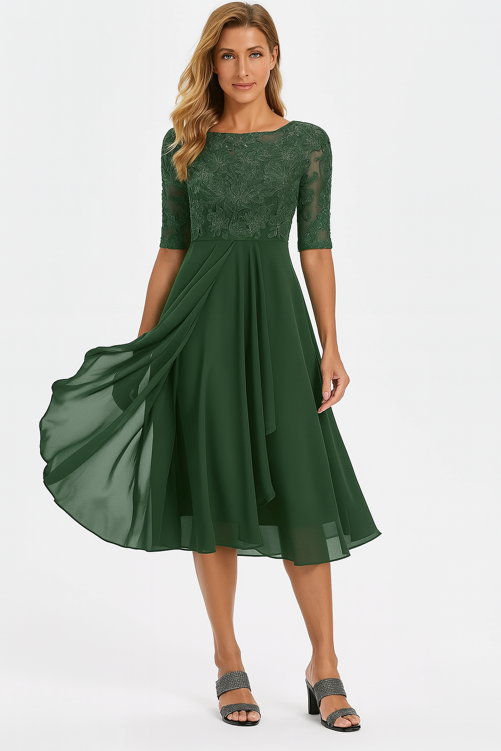 Womens Floral Lace Bodice Midi Dress with Layered Pleated Skirt