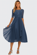 Womens Floral Lace Bodice Midi Dress with Layered Pleated Skirt