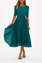 Womens Floral Lace Bodice Midi Dress with Layered Pleated Skirt