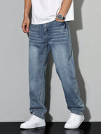 Mens Mid Rise Straight Leg Faded Wash Denim Jeans