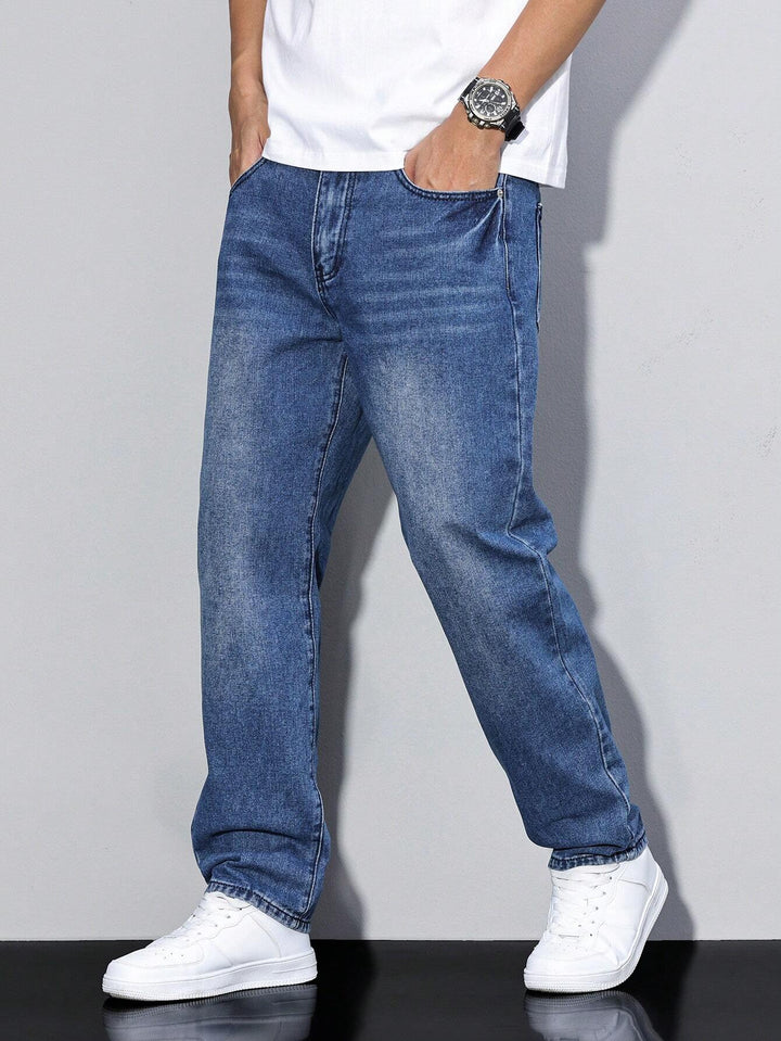 Mens Mid Rise Straight Leg Faded Wash Denim Jeans