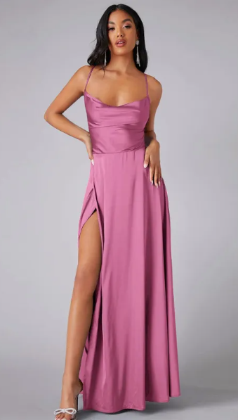 Womens Satin Cowl Neck Maxi Dress with Lace-Up Back
