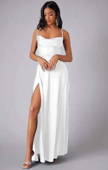 Womens Satin Cowl Neck Maxi Dress with Lace-Up Back