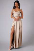 Womens Satin Cowl Neck Maxi Dress with Lace-Up Back
