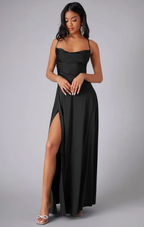 Womens Satin Cowl Neck Maxi Dress with Lace-Up Back