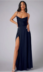 Womens Satin Cowl Neck Maxi Dress with Lace-Up Back