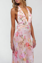 Womens Halter V Neck Backless Floral A Line Maxi Dress