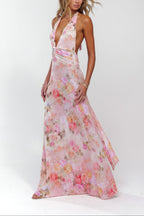 Womens Halter V Neck Backless Floral A Line Maxi Dress