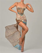 Womens Sweetheart Neck Strappy Printed Maxi Dress with Side Slit