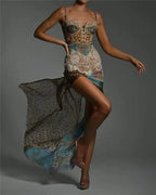 Womens Sweetheart Neck Strappy Printed Maxi Dress with Side Slit
