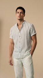 Men’s Linen Cotton Short Sleeve Stand Collar Shirt